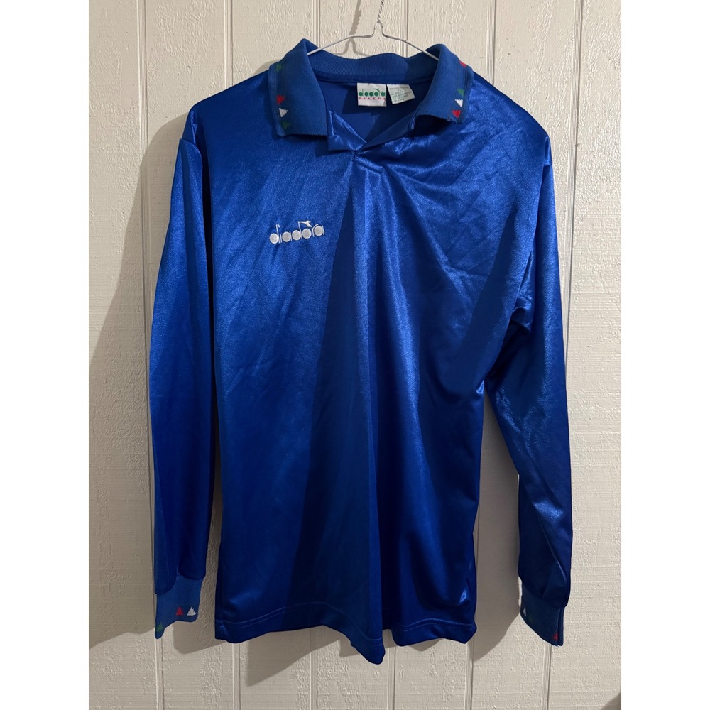 Vintage Diadora Soccer Jersey Long Sleeve Blue Satin Youth XL Mens Small